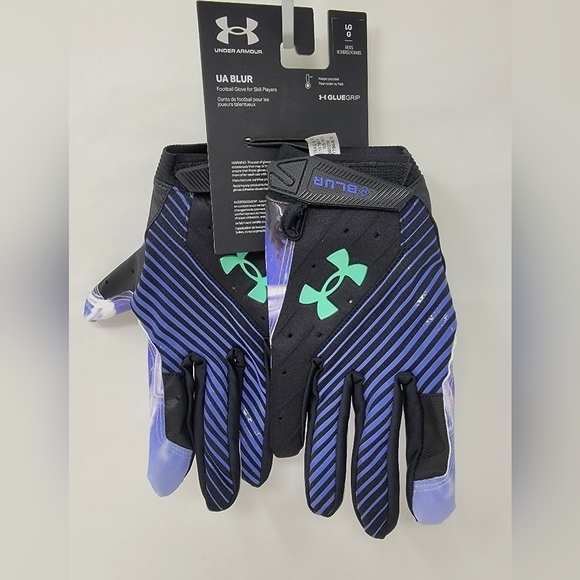 Under Armour UA BLUR Blue Black Mens Football Gloves Size Large Glue Grip NEW - Picture 1 of 9